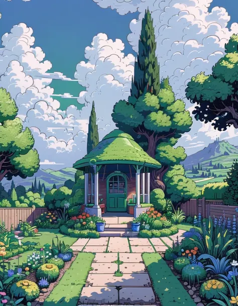 score_9, score_8_up, score_7_up, expressiveh, d3p1x3l, pixel art, ultra detailed, green scenery, close-up, garden,blue cloudy sk...