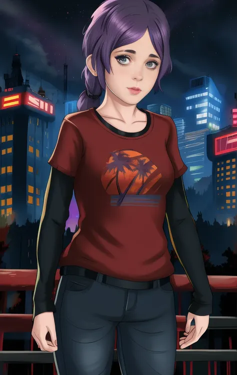 red shirt, long sleeves, standing, neon lights, night, looking at viewer, blue jeans, solo, bernadetta, purple hair, grey eyes, ...