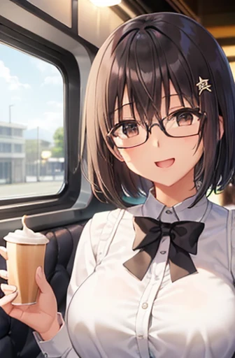 (With a girl、、Black-haired、short hair、Straight Hair、hair ornaments、Light brown eyes、Laughter、Wearing black glasses、、Cute Face)、masterpiece、Highest quality、Blouse with lace、Black trousers、restaurant、toast、coffee,Big Breasts