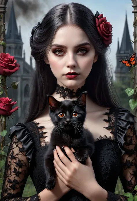 (best quality,4k,8k,highres,masterpiece:1.2),ultra-detailed,(realistic,photorealistic,photo-realistic:1.37),gothic art,girl,lace dress,thorny rose,creepy,terrifying,burning butterfly,holding a black kitten 