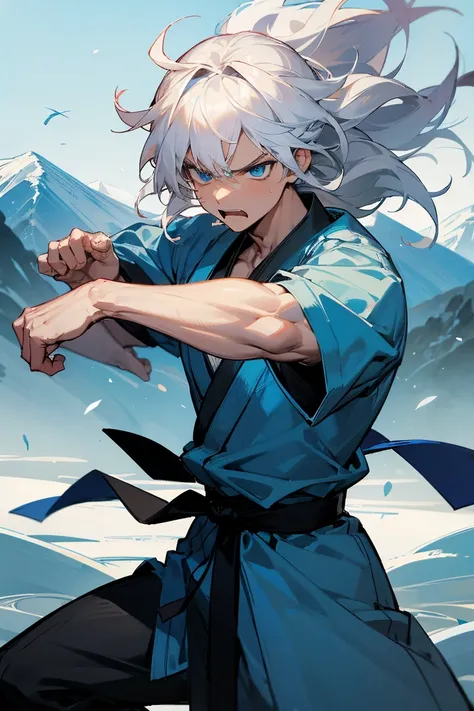 1male, White Hair, Blue Martial Arts Gi, Wavy Hair, Black Belt, Traditional Attire, Blue Eyes, Angry Expression, Muscular, High Ranker, Adult Male, Mountain, Practicing Moves