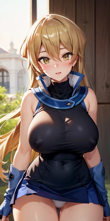 1 Female,High definition,high resolution,Ultra-realistic,8K, ta1,blonde hair,yellow eyes, white jacket, sleeveless, blue skirt,tight skirt , miniskirt,fingerless gloves,European,sexy,Upper body close-up,Photographed from the front,Dynamic Angles,blush, big...