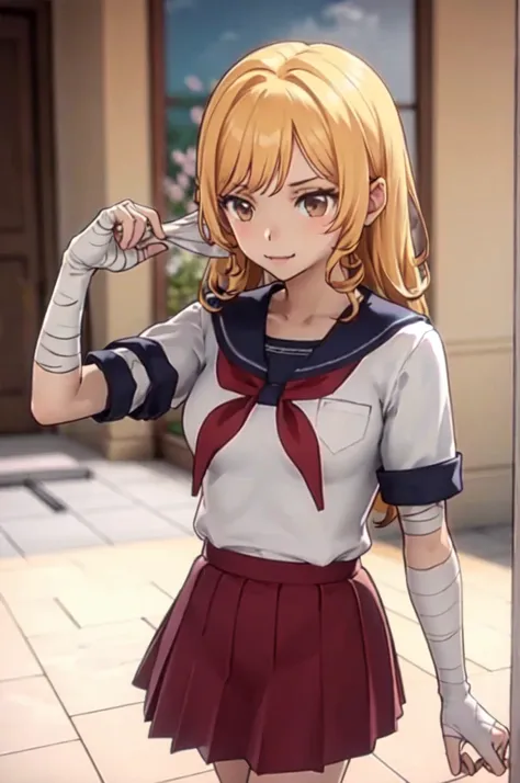 yandere_style, (1girl:1.3),, ultra detailed, masterpiece, best quality, aesthetic, detailed,, ultra detailed, masterpiece, best quality, solo, smile, 1girl, blond hair, brown eyes, bandage on face, bandage arms, long hair, styled hair