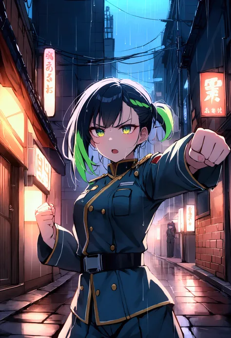 
score_9、score_8_up、score_7_up、source_アニメ、1 person、solo、Staring at the audience、LucyKushinada、Multicolored Hair、Asymmetrical Hair、Multicolored eyeakeup、Uniform、Martial arts belt、Outdoor、alley、night、dark、(rain)、Combat Stance、Clenched hands、Upper Body、Outstr...