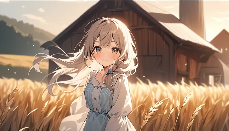 one girl, 20-year-old, tall and attractive, wearing a cute country dress, braided hair, standing on a rural farm. she's gentle, ...