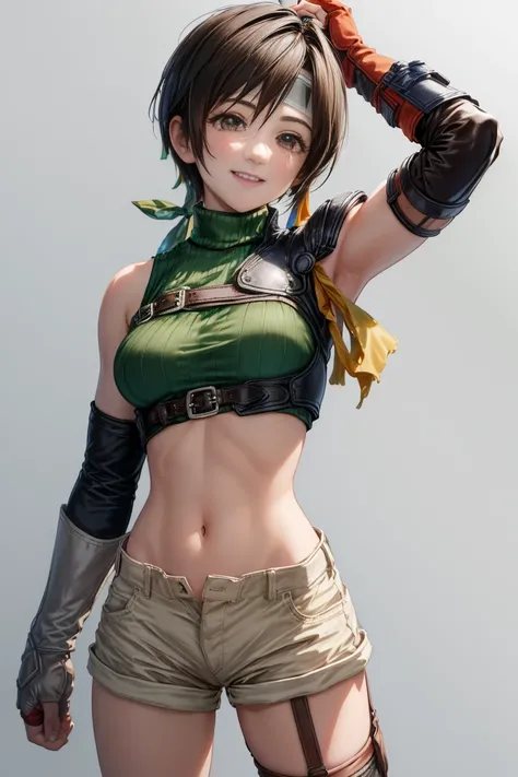 masterpiece, Highest quality, Yuffie Fool, head band, Sleeveless turtleneck, Shoulder Armor, Arm guard, Fingerless gloves, Tan shorts, Single knee socks, Fishnet tights, Cowboy Shot, smile, Clenched fist,（Huge breasts:1.9）、NSFW、