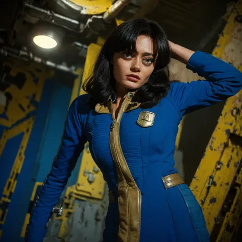 (one person). fallout tv series. inside a dimly lit large room in a post-apocalyptic (casino) in las vegas. vaultsuit lucy, an 1...