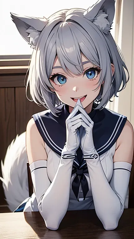 table top　High level image quality　best image quality　8k　 adult woman　portrait　white long gloves（elbow bag）　white pantyhose　sailor suit（Sleeveless mini skirt　white wolf ears　short hair（（shortcut）（gray hair）（perm）（fluffy））　eye color is blue　fascinating face...