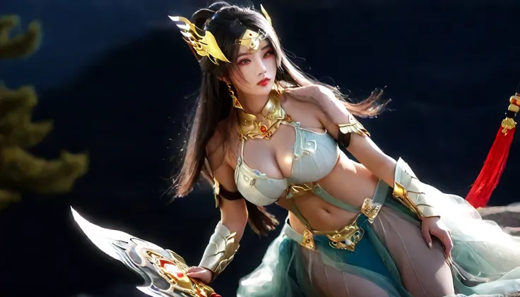 high quality,HD,16K,Sharp Line,1 Girl,fantasy, （Fire Spirits）,Pretty Face, Large Breasts, Beautiful legs,In the mountains,Focus Girl,detailed Pretty Face,Detailed clothes,beautiful eyes,Cool,Sexy,Dynamic Angle,穿着华服的神明Strike a pose拍照, Ancient mysterious sex...