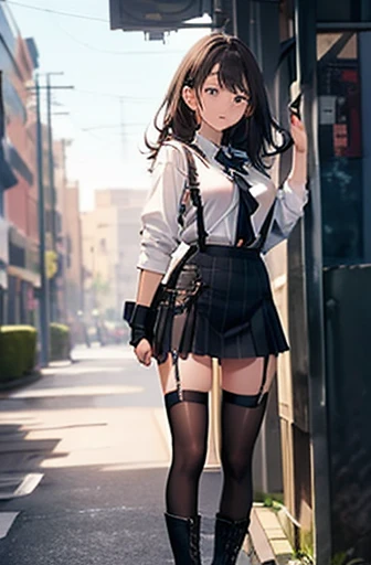 Brown Hair、Staring at the audience　　　Black suspenders　　　bulging big breasts　　 　 　　　wall: 　Black mini skirt　garter　　　　　　sight　　　Small face　Bans 　　　holster　　　Beautiful woman　　Show your hand　　レッグholster ベッドに横たわる　　sight 　Black boots panty shot　Taunt　side　side汗...