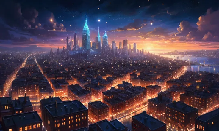 a painting of a city with lots of lights floating over it, glowing lights! digital painting, epic concept art. bokeh, glowing lights!! intricate, magical lights, . ethereal lights, floating lights, nightlight study, glowing lights!! highly detailed, inspir...