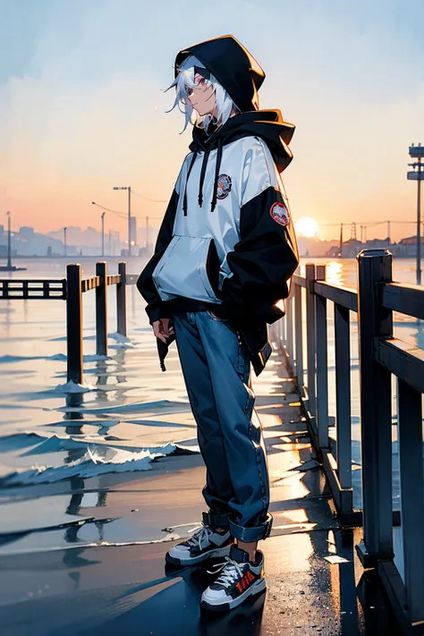 1male, white hair, black hoodie with silver embroidery, baggy jeans, sneakers, standing on a foggy pier at dawn