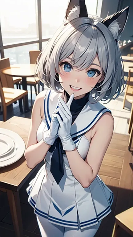 table top　High level image quality　best image quality　8k　 adult woman　portrait　white long gloves（elbow bag）　white pantyhose　sailor suit（Sleeveless mini skirt　white wolf ears　short hair（（shortcut）（gray hair）（perm）（fluffy））　eye color is blue　fascinating face...