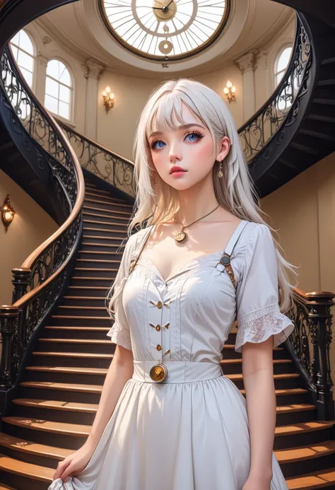 A beautiful girl with long white hair stands in front of a fantastic staircase. A pocket watch is in the background. A masterpiece. Realistic anime style.