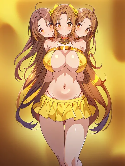 (masterpiece, best quality), best quality, best resolution, (3heads:1.5), 1girl, firefighter, very long hair, in fire, breathing hard, panicking, protective miniskirt, yellow themed clothes, brown eyes, arms out, huge tits, open belly, 