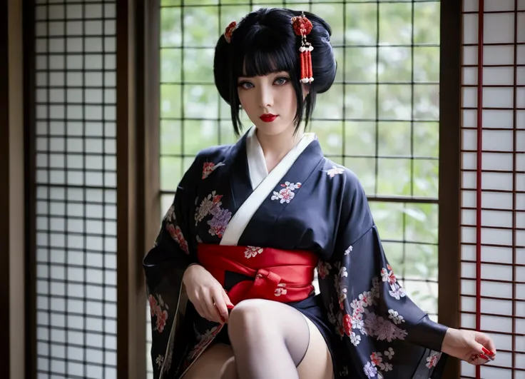 1 girl, alone, looking at the viewer, blue eyes, black hair, hair ornaments, Upper body, kimono, kimono, sash, compensate, lipstick, red nails, red lips, Hairpin,silk stockings ,See-through hakama， dark purple eyes，　,Open Crotch See-Through,Black face veil...