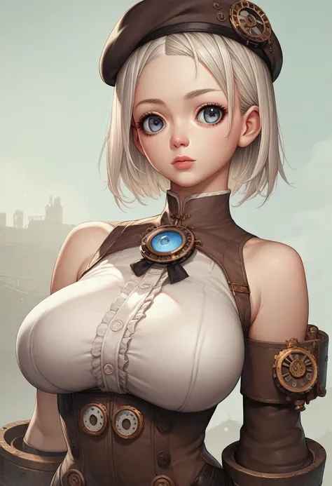 score_9, score_8_up, score_7_up, score_6_up, score_5_up, score_4_up, source_anime, medium shot, Steampunk model, sexy female, platinum blonde hair, beret, big breasts、sexy pose, anime big eye