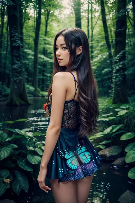 saibosenlin, 1girl, tree, scenery, nature, solo, forest, long hair, fantasy, colorful, glowing, water, bug, butterfly, flower, standing, outdoors, night, from behind, musical note,
Best quality,masterpiece,ultra high res,