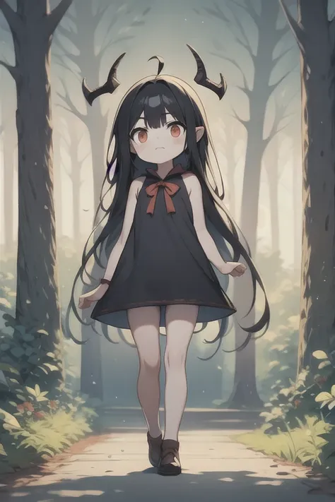 young girl,,wearing a one-piece dress,mini character,red eyes,black hair,long hair,dark atmosphere,deformed character,horns grow...