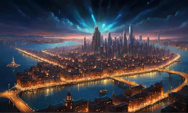 a painting of a city with lots of lights floating over it, glowing lights! digital painting, epic concept art. bokeh, glowing lights!! intricate, magical lights, . ethereal lights, floating lights, nightlight study, glowing lights!! highly detailed, inspir...