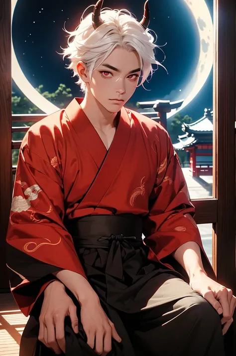 Young man seated in front of a round Japanese-style window, Japanese temple, demon, oni, horns, kimono, long eyelashes, tousled white hair, red eyes, demon tail, detailed eyes, detailed hair, detailed face, night, moon, dancing shadow.