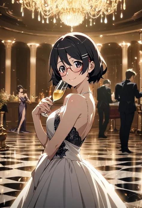 1girl, hanekawa tsubasa, monogatari (series), elegant long black hair, red-framed glasses, sophisticated evening gown, graceful posture, confident smile, ballroom setting, crystal chandeliers, marble floors, ornate pillars, champagne flute in hand, subtle ...