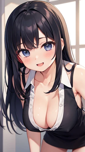 Highest quality, masterpiece, (Lean forward:1.4), 1 girl, Underarm, Cleavage, Expand your chest, Captivating smile, (blush:1.1),Big Breasts、Long black hair