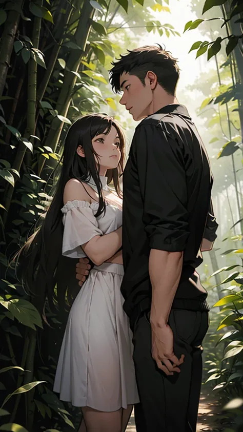 A couple is romancing in the forest. The couple is wearing short clothes. The girl has big hips. It is evening and leaves are falling from the trees.