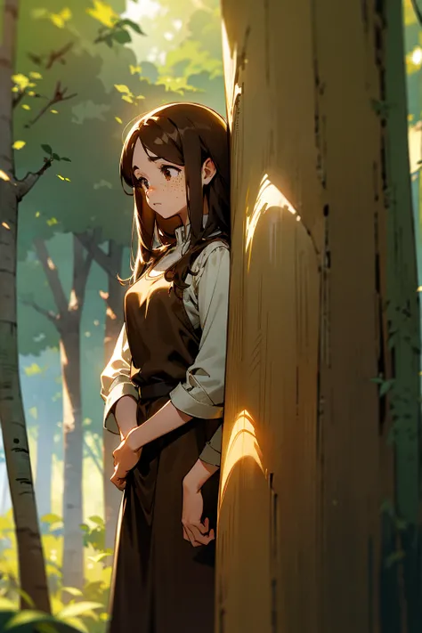 1female, long brown hair, brown eyes, freckles, brown clothes, standing in a forest, surrounded by tall trees and sunlight filtering through leaves