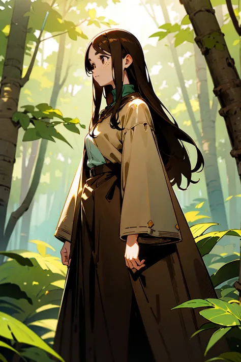 1female, long brown hair, brown eyes, freckles, brown clothes, standing in a forest, surrounded by tall trees and sunlight filtering through leaves