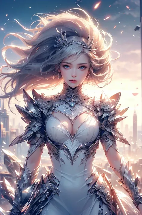 (((Tabletop))), (((Highest quality))), ((Very detailed)), (Very detailed写真), ((Very delicate and beautiful)),(Cute delicate face),here is a digital art of a very futuristic looking female that has armor and armss, One girl, arms, alone, sf, Holding, Holdin...