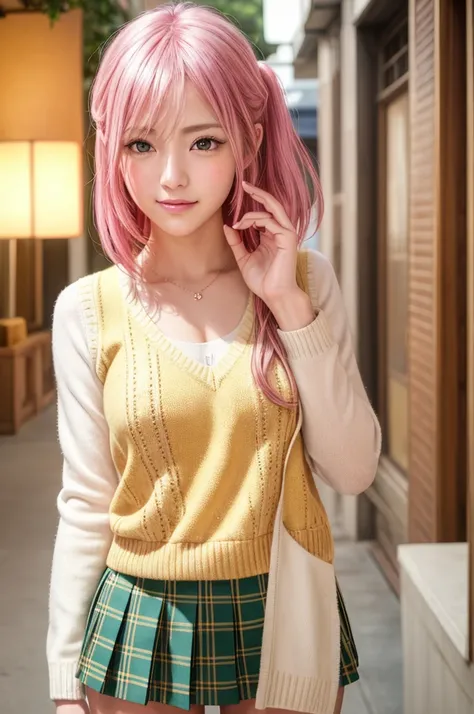 ph momo, momohd, phmomo, solo, 1girl,  pink hair, purple eyes, short hair, hair flower, sweater vest, ,(yellow sweater:1.2), big eyes, plaid skirt, black thighhighs, (masterpiece:1.6, best quality),  (finely detailed beautiful eyes: 1.2), ultra-detailed, i...