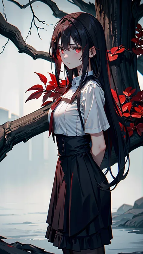 masterpiece, best quality, girl standing under the dead tree, black and red palette, eerie