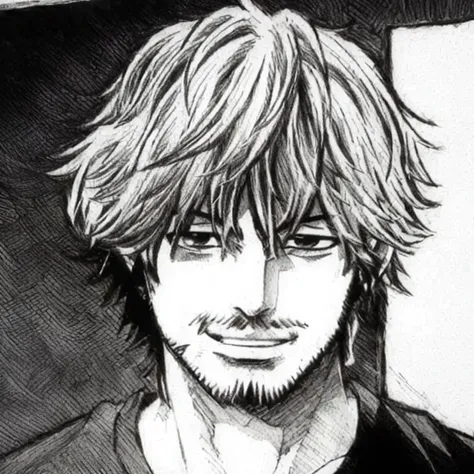 a drawing of a man with a beard and a black shirt, Manga style by Kentaro Miura, kentaro miura manga art style, kentaro miura manga style, your manga portrait, tsutomu nihei style, style of hajime isayama, fukaya yuichiro, in manga style, kentaro miura sty...