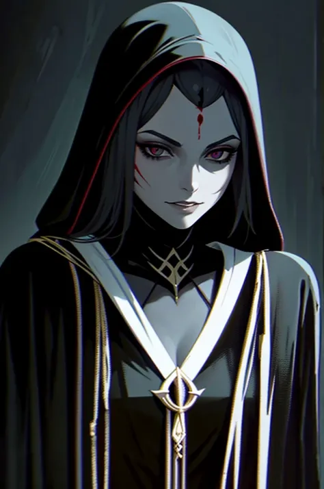 Pale, Creepy cultist, dark elf, low dim lighting, dark chamber, smirk, blood on her face,black background