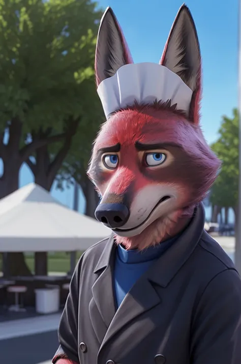 Joachim Wolfbach (Zootopia),tall handsome, wolf,young, 24 years, brown fur, hair on the head,(red body:1.3),Blue eyes, Moscow Dressed, chef uniform, chef&#39;s headdress, jeans, sneakers, canine, wolf, detailed fur, Male, antro, paw pads, finger claws, wav...