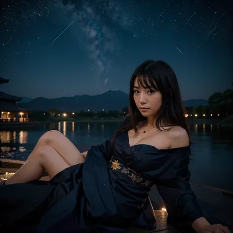 A beautiful lady looking at stars in the night in Japanese sky 