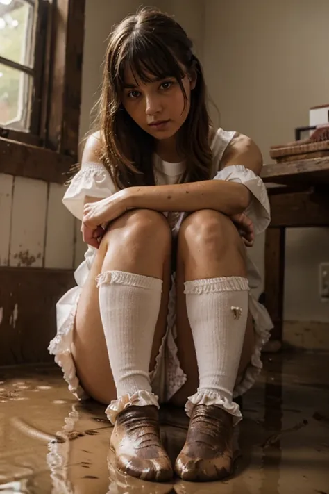 Girl wearing muddy frilly socks