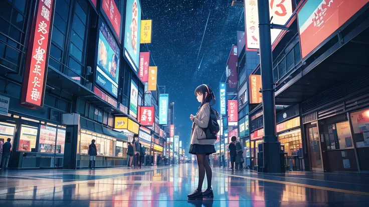 Standing in a place where you can see Kansai International Airport。A young girl with black hair wearing stylish clothes and headphones labeled "lo-fi" The girl is shown in profile, gazing into the distance with a calm, relaxed expression Background depicts...