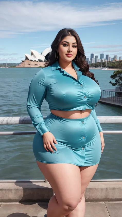 Madhubala bollywood beautiful actress sexy curvy plus size huge figure woman in a SHEIN Clasi Marble Print Button Front Long Sleeve Shirt Color: Teal Blue , stylish front facing standing position, full body view, full body shot, head to toe view, Head Jewe...