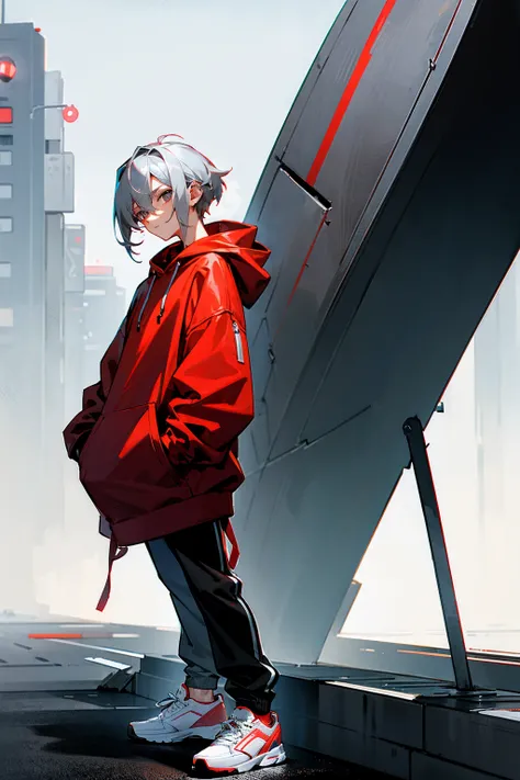 1male, medium gray hair, styled in a sleek side part, oversized red hoodie, black joggers, white sneakers, casual expression, standing on a foggy street