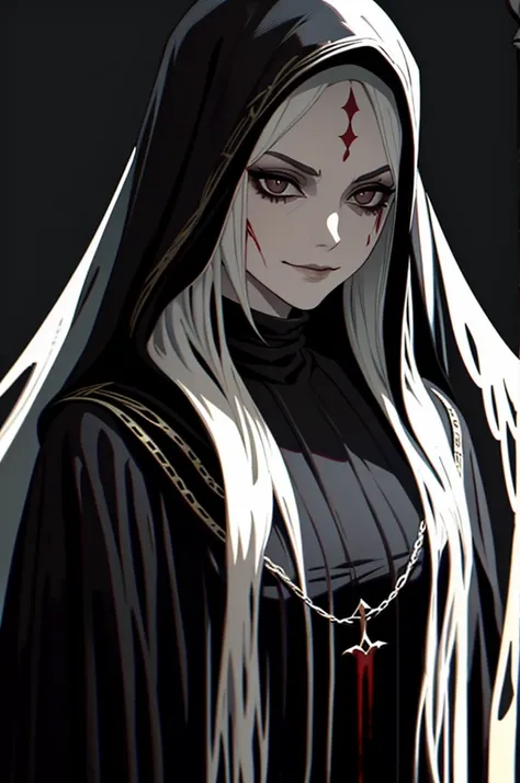 Pale, Creepy cultist, dark elf, low dim lighting, dark chamber, smirk, blood on her face,black background