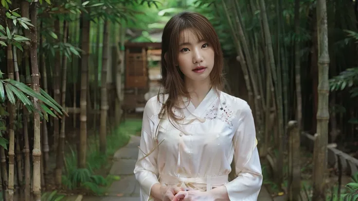 a beautiful young korean woman walking on a bamboo path, detailed face and eyes, porcelain skin, soft natural lighting, serene expression, elegant hanbok dress, flowing hair, lush green bamboo forest surroundings, photorealistic, 8k, high quality, intricat...