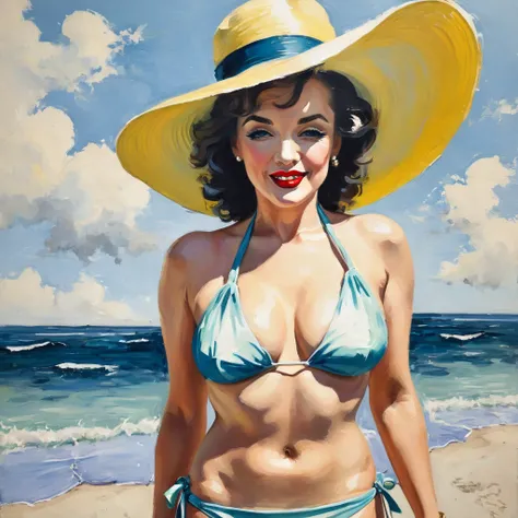 A painting of Marilyn Moroe, a woman in a bikini and hat standing on the beach