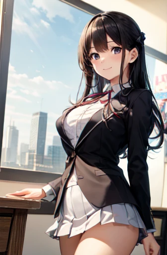 very cute and beautiful girl,(Very detailed美しい顔), (smile),blush,Black Hair,Blazer Uniform,ribbon,(Pleated Check Mini Skirt),Are standing,(From below),(Lacy white panties), Wooden classroom,window,Distant Tree々and the city, (Highest quality,masterpiece:1.0)...