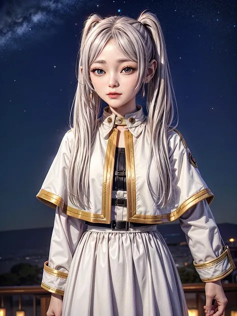 One girl,alone,Fairy,Gray Hair, Grey Hair, Earrings, Pointed Ears, Long Hair, ponytail, Green Eyes, Twin tails, Parted bangs, Thick eyebrows,
Capelet with collar, White capelet, Striped shirt, Long sleeve,Striped, White Skirt,
pantyhose,
Night Sky, perform...