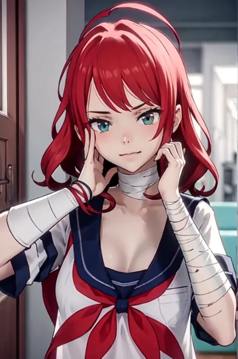 yandere_style, (1girl:1.3),, ultra detailed, masterpiece, best quality, aesthetic, detailed,, ultra detailed, masterpiece, best quality, solo, smirk, 1girl, red hair, teal eyes, bandage on face, bandage arms, long hair, styled hair