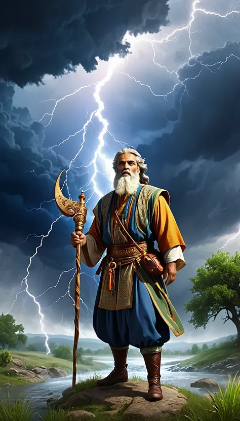 image, inspired by the cult of the prophet Elijah in the Christian tradition. Present the Prophet Elijah as a Symbol of Courage and Devotion, surrounded by thunderclouds and streams of water, symbolizing his patronage of summer thunderstorms and streams. I...