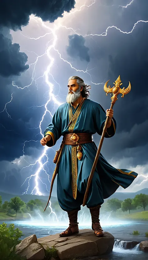 image, inspired by the cult of the prophet Elijah in the Christian tradition. Present the Prophet Elijah as a Symbol of Courage and Devotion, surrounded by thunderclouds and streams of water, symbolizing his patronage of summer thunderstorms and streams. I...