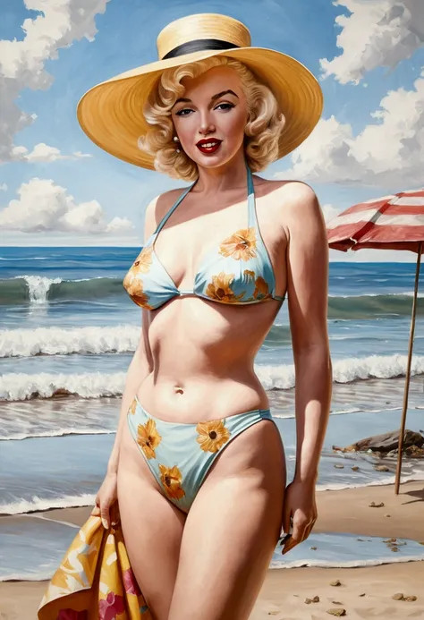 A painting of Marilyn Monroe in a bikini and hat standing on the beach